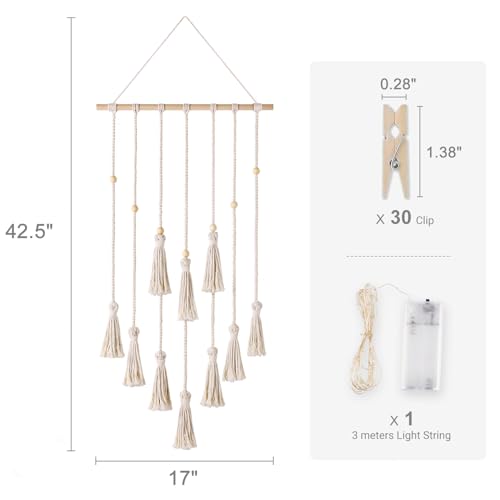 Dahey Hanging Photo Display Wall Decor Macrame Wall Hanging Boho Collage Picture Frames With 30 Clips Photo Hanger With String Light Decor For Dorm Bedroom Living Room Teen Girl Christmas Gift thumb #5