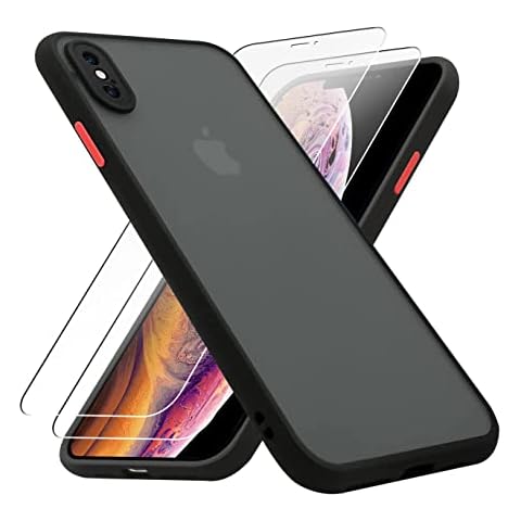 KIOMY iPhone X Case/iPhone Xs Case with 2 HD Tempered Glass Screen Protectors, Translucent Matte Protection Cover with Soft Edge, Hard PC Back and TPU Hybrid Anti Yellow slim fit shell, 5.8 inch black Cover