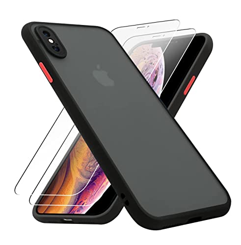 KIOMY Case for iPhone X for iPhone Xs with 2 HD Tempered Glass Screen Protectors, Translucent Matte Protection Cover with Soft Edge, Hard PC Back and TPU Hybrid Anti Yellow Flim Fit 5.8 inch Black