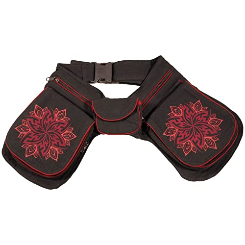 Kunst und Magie Damen Doppelte Bauchtasche Hüfttasche Mandala - Goa Gürteltasche Festivaltasche Hipbag Sidebag, Farbe:Schwarz/Rot