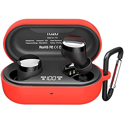 TOZO T12 Protective Silicone Case Shockproof waterproof Soft Skin Cover Matte texture for TOZO T12 Earbuds with Front LED Visible and Keychain Red Cover
