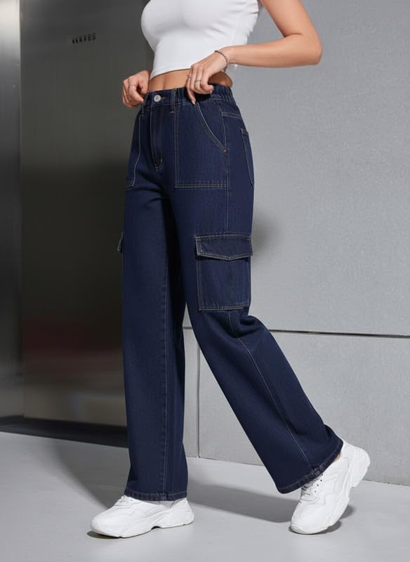 Image of Amazon Brand - INKAST Women Multi-Pocket Denim Cargo Pants Casual Fit Stylish Trousers