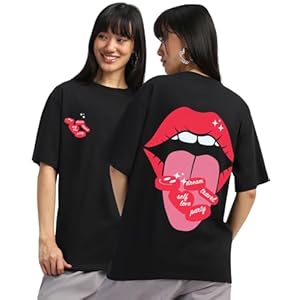 JUNEBERRY® Pure Cotton Round Neck Drop Shoulder Oversized Baggy Fit Cool Front & Back Mouth Graphic Print Black Half Sleeve T-Shirt for Women & Girls (Sizes: S to 2XL)