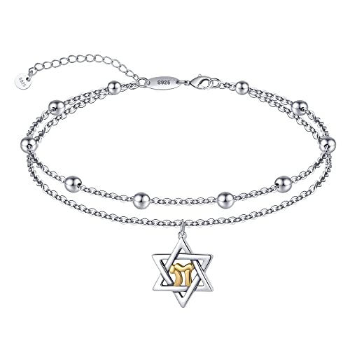 Image of CHIC & ARTSY 925 Sterling Silver Ankle Bracelets for Women, Dainty Adjustable Layered Foot Chains with Symbolic Charms, Boho Beach Everyday Lightweight Jewelry