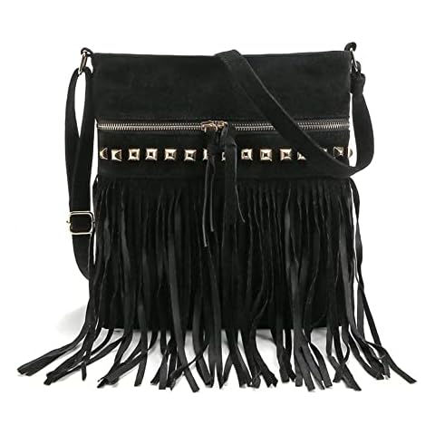 Kiepoar Small PU Leather Shoulder Bag for Women Girls, Leisure Mini Shoulder Bag with Chic Fringes and Rivet Studs, Vintage Messenger Bag Fashionable Handbag, Black Cover