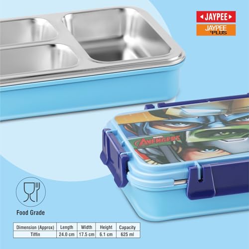 Image of JAYPEE Toon Box 3 Marvel Series Power Avengers Inner Stainless Steel Insulated 3 Cavity Lunch Box for School Kids |Airtight Leakproof Tiffin Box with 2 Additional Lock|100% Food Grade|625 ml, SkyBlue
