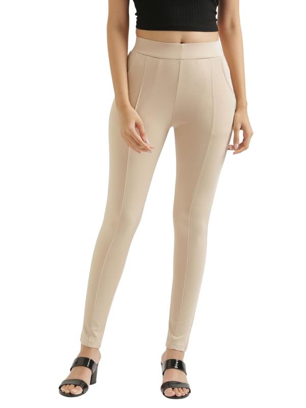 Image of SAADAA Women's Regular Fit High Rise 4-Way Stretchable Pants Yoga, Formal, and Regular Skinny High Waist Leggings 2 Deep Pockets Elastic Waistband Durable Interlock Stitching