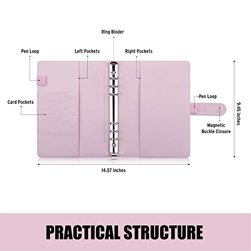 Image of Sooez A5 Notebook Photocard Binder, 6 Ring Planner, Stylish Loose Leaf Personal Organizer Cover with Magnetic Buckle, PU Leather Binder Women with Macaron Colors (Pink)