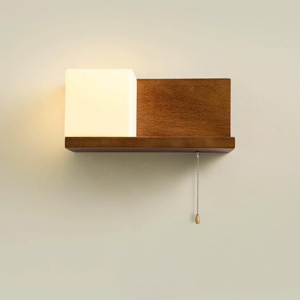 FZQSXAZU Indoor Wood Wall Lamp with Square Glass Lampshade, E27 Socket, Modern Retro Industrial Lighting for Living Room, Corridor, Bedroom, and Hallway