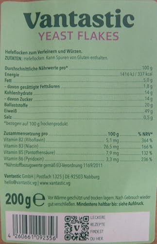 Hefeflocken VEGAN (100% rein) 200g für vegane Rezepte wie Käsesoße von Vantastic foods | Hefeflocken als veganer Käseersatz | Reine Hefe glutenfrei, sojafrei und frei von Erdnüssen und anderen Nüssen