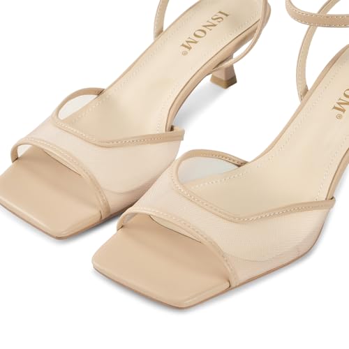 Image of ISNOM Women's Mesh Square Toe Kitten Heel Sandals Ankle Strap Dress Shoes | Kitten Heels with Mesh Upper, Square Toe, Low Heels Comfort Design, Stylish Dress Sandals for Daily Wear