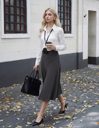 Image of Women's Business Casual Midi Skirt, High Waist Flowy Skirts with Pockets | Flowy, Work, Basic, Elegant, Teacher, Formal, Office, Funeral, Church, Fashion, Outfits, Clothing