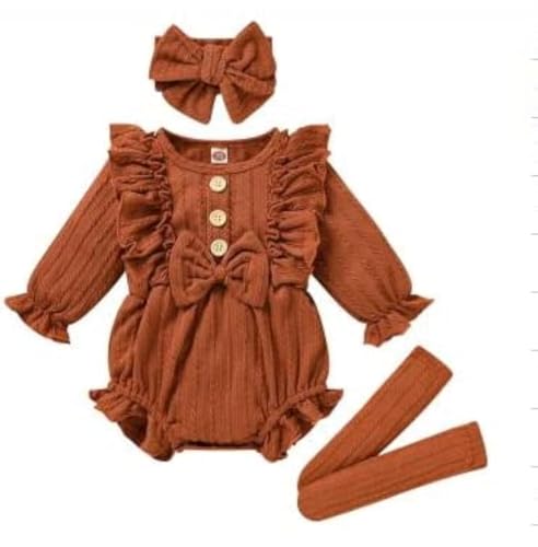 Image of ZAXARRA Newborn Baby Girls Clothes Long Sleeve Button Front Ruffle Romper Socks Headband 3Pcs Set Fall Winter Outfits