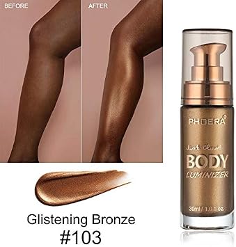 PHOERA High Gloss Waterproof Body Luminizer Glitter Face Shimmer Moisturizer Lotion Tan Cream Foundation Makeup Bronzer AQUAPURITY (103 GLISTENING BRONZE, One Size)