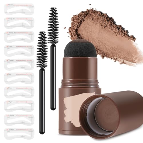 Apooliy Eyebrow Stamp Stencil Kit with 10 Eyebrow Stencils,2 Brush,Long-lasting Eyebrow Powder,Waterproof & Smudge-Proof