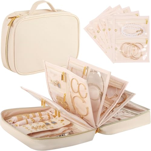 Vutlue Travel Jewelry Case Organizer for Women Jewelry Storage Book with Small Pouch Travel Jewelry Bag Case for Traveling Necklace Earrings Rings Bracelet Organizer (Beige)