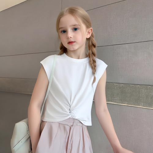 Image of Girls Twist Front Tunic T-Shirt Cute Short Sleeve Tees Summer Blouse for Girls 5-14 Years White