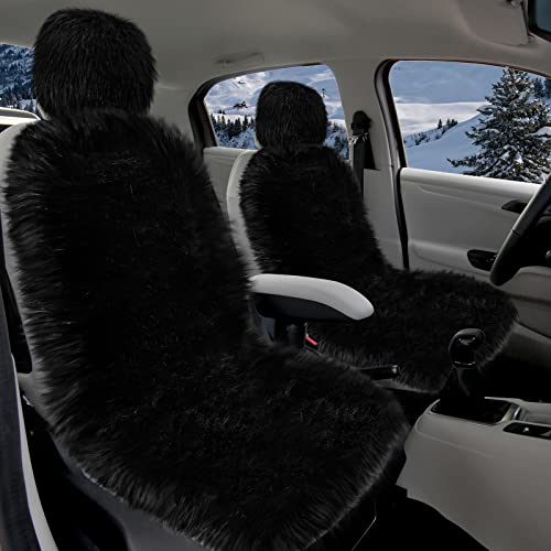 Tallew 2 Pcs Black Fur Seat Cover, Furry Fuzzy Sheepskin Covers for Cars, Winter Fur Fluffy Seat Cushions for Auto SUV Trucks