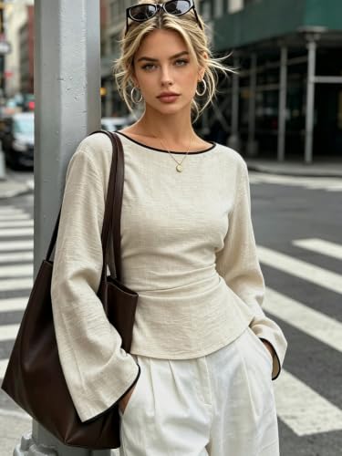 imbpceu Womens Bell Sleeve Tops Boat Neck Cinched Waist Going Out Shirts - image 2