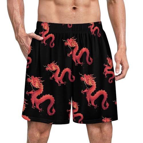 Red Chinese Dragon Men's Pajama Shorts Drawstring Pajama Pants Loungewear Pj Bottoms with Pockets