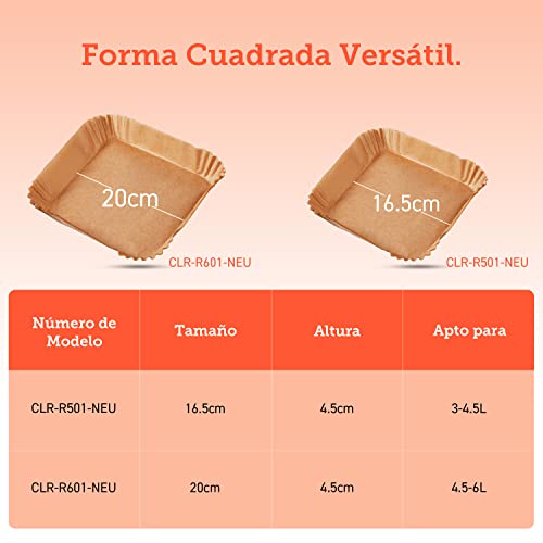 Cosori Papel Horno para Freidora sin Aceite, 100 Piezas Cuadrado de Desechable, Papel de Horno Antiadherentes a Prueba de Grasa para Air Fryer de 4,5-6 L, Horno, Sartén, Microonda 20 cm