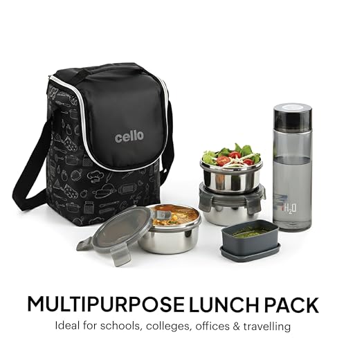 Image of CELLO Complete Meal Lunch Box Set with Jacket For Office Use Black | 3 x 300ml Steel Container, 1 x 130ml Pickle Container, 500ml Water Bottle With Spoon & Fork | Airtight Tiffin Box Set For Daily Use
