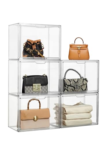 ZLLZUU Purse Organizer for Closet, 5 Pack Clear Acrylic Display Case for Purse Handbag Storage, Stackable Purse Storage Boxes with Magnetic Door for Collectibles, Wallet, Cosmetic