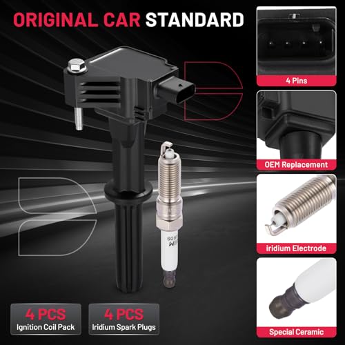 Image of BDFHYK Ignition Coil Pack UF837 and Iridium Spark Plug 94051 Compatible with Chevrolet Spark 2016-2021 1.4L l4 Chevy Oem Coil Pack Coil for KD-7209 Set of 4