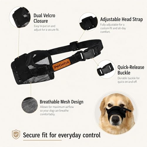 Image of Dog Muzzle, Breathable Mesh for Grooming & Nail Care, Black, L | Adjustable head and snout straps, quick-release buckle, soft padded edges