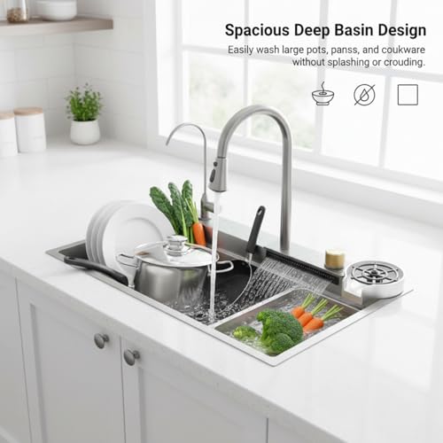 Image of Wallace 304 Grade Silver Single Bowl Multifunction Kitchen Sink 24 x 18 x 10 Inch | Stainless Steel Workstation Sink with Integrated Waterfall Cup Washer Drain Basket RO Tap & Pull Down Faucet