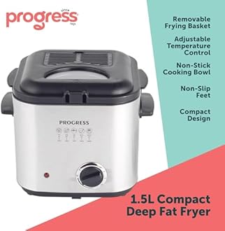 Progress EK5925P 1.5L Deep Fat Fryer – Removable Frying Basket with Detachable Handle, Adjustable Temperature Control, Non-Stick Cooking Bowl, Non-Slip Feet, Viewing Window, Compact Design, 840W