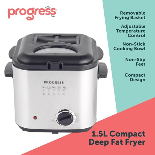 Progress EK5925P 1.5L Deep Fat Fryer – Removable Frying Basket with Detachable Handle, Adjustable Temperature Control, Non-Stick Cooking Bowl, Non-Slip Feet, Viewing Window, Compact Design, 840W