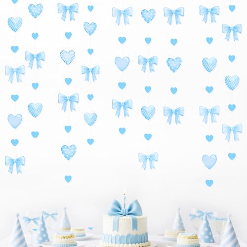 Image of Blue Bow Decorations Blue Plaid Twill Polka Dot Bow Heart Hanging Streamer Garland Banner for Baby Shower Birthday Wedding Bridal Shower Bachelorette Coquette Anniversary Party Decorations Supplies