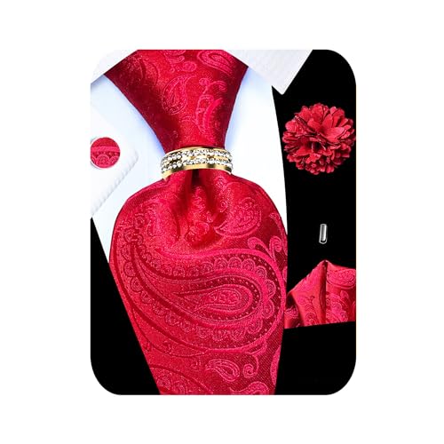 Image of 5PCS Tie and Pocket Square for Men, Silk Necktie and Handkerchief Cufflinks with Gold Ring and Lapel Pin Set