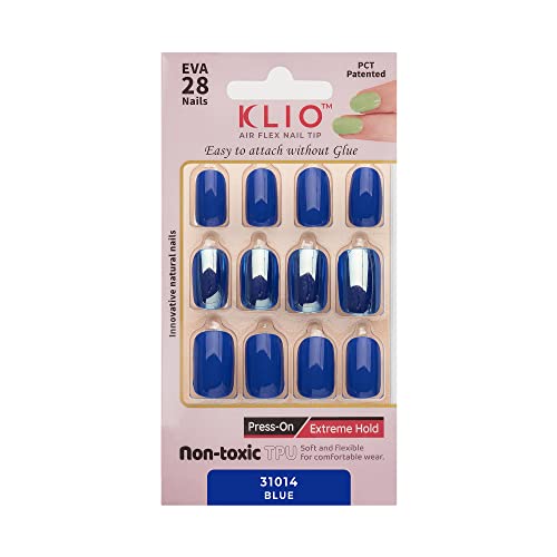 KLIO Press-On False Nails, 28pcs Semi Cured Gel Nails, No LED Lamp needed, Easy To Use, 20+ Color Variation, Short Length, Includes Prep Pad, Mini File, Cuticle Stick, K-Beauty Products (Blue)