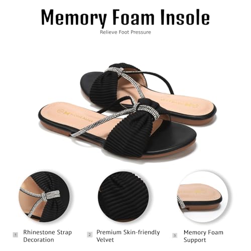Women's Flat Sandals Rhinestone Strappy Knot Slides With Soft Memory Foam Insole, Dressy Comfortable Suede Slippers for Summer Vacation2