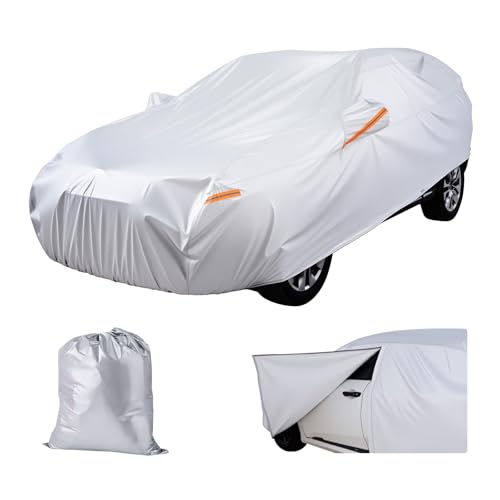 VEVOR Car Cover for Dodge Challenger, PEVA Aluminum Film with Cotton Lining, Custom-Fit Full Size Sedan Cover, All-Weather Sun Rain Wind Dust Snow, with Door Zipper & Wind Straps, Silver