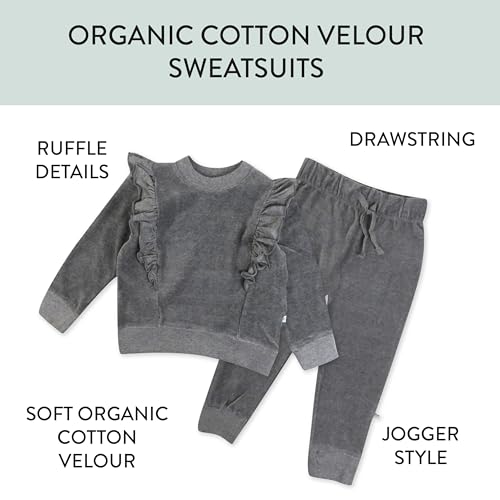 HonestBaby baby-girls 2-piece Velour Ruffle Front Sweatsuit 100% Organic Cotton for Infant Baby Girls2