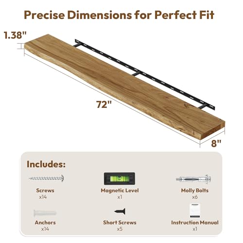 Image of Vivelove Wood Floating Shelves Live Edge 72 inch Set of 1, Natural