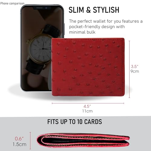 Image of HATA Red Black Ostrich Leather Bifold Wallet for Men, Double-Sided Ostrich Billfold with RFID Blocking, Handmade Leather Wallet Gift for Birthday, Anniversary, Father's Day VINAMOS-71
