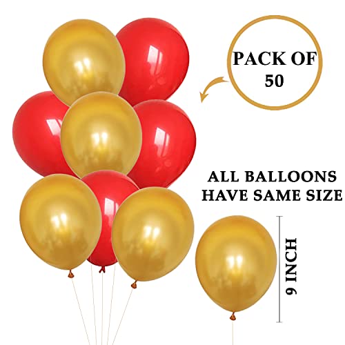 Image of AMFIN (Pack of 50) 10 inch Metallic Balloons Golden and Red for Birthday Decoration, Decoration for Weddings, Engagement, Baby Shower, Anniversary Party, Theme - Golden & Red