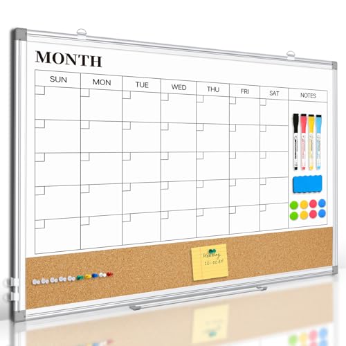 Monthly Dry Erase Calendar Whiteboard with Corkboard, 30" x 20", Silver