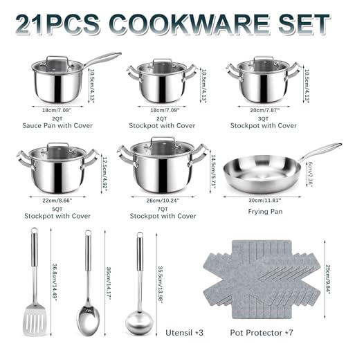 Image of Stainless Steel Cookware Set - 21 PCS Kitchen Cookware Sets with 3-Ply Frying Pan, Even Heating, Cool Handle, Chef Quality Cooking Set, Pots and Pans Set Induction Ready, Dishwasher Safe