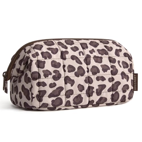 Image of BAGSMART Makeup Bag Travel Toiletry Bag, Puffy Padded Make Up Bags for Women Makeup Organizer Case, Wide-open Pouch Purse Travel Essentials Toiletries Accessories Brushes, Leopard