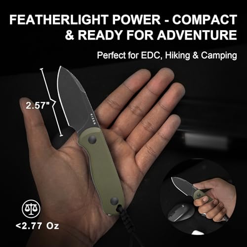 Kizer Drop Bear Fixed Blade Knife, 2.57\" Black Stonewash D2 Blade EDC Camping Knife with Olive Green G10 Handle & Hidden Tool, Full Tang Hunting Survival Knives with Adjustable Kydex Sheath, 1094M1