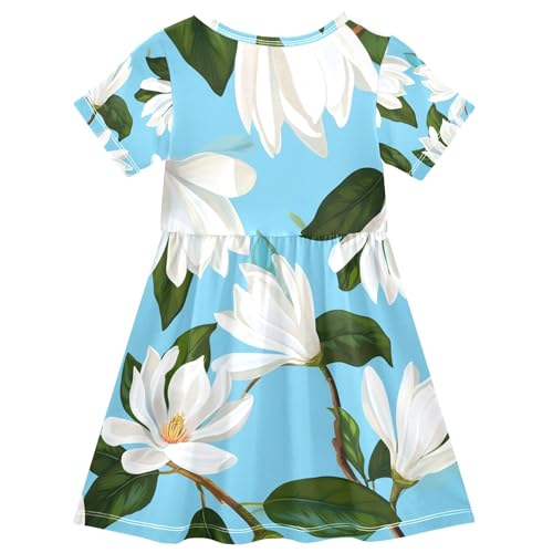 Magnolia Flowers White Blue Toddler Dresses for Girls 2t Short Sleeve Beach Shirt Dress Little Girl Dress2