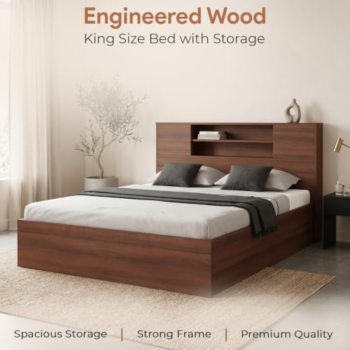 Image of FURNIFLIX Engineered Wood King Size Bed with Storage | Wooden Double Bed Cot Palang Furniture for Bedroom & Living Room (Walnut Finish) | 1 Year Warranty