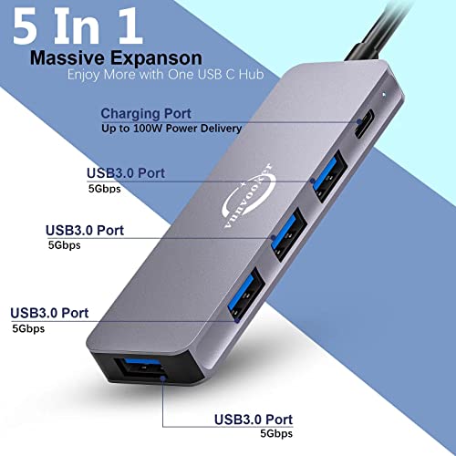 USB C Hub Multiport Adapter,Vunvooker 5in1 USBC Dongle with Long Cable,USB-C Expander for Laptop(100W PD,4 Port USB 3.0 Hub),Slim Mini Data Adapter for MacBook Pro/Air,iMac,Surface,XPS,Notebook - Image 2