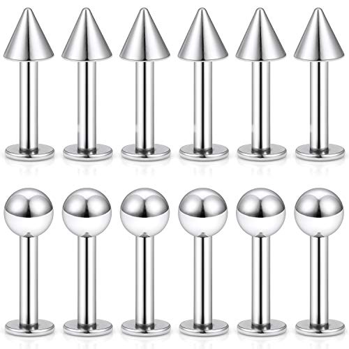 SCERRING 12PCS 14g Stainless Steel Balls & Spikes Labret Monroe Lip Cheek Tragus Cartilage Helix Earring Ring Body Piercing Jewelry 8-14mm