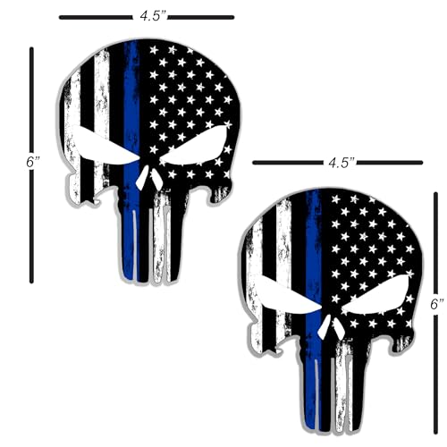 Image of 2 Pack Skull Sticker | 6 inch x 4.5 inch | Thin Blue Line Police American US Flag Stickers Decal Cars Trucks